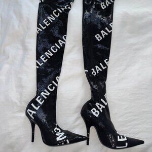 Balenciaga Knife Thigh High Boots Logo Sequin Black White 37